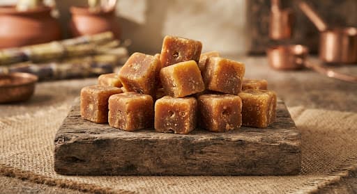 Dark golden organic sugarcane jaggery cubes on a rustic wood block